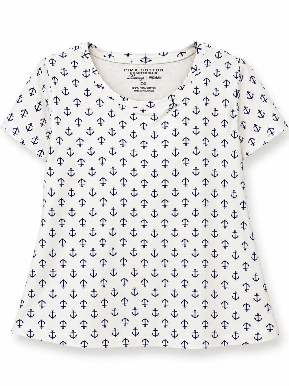 Charter Club Pima Cotton Anchor Print Long Sleeve Top 0X Nautical Coastal
